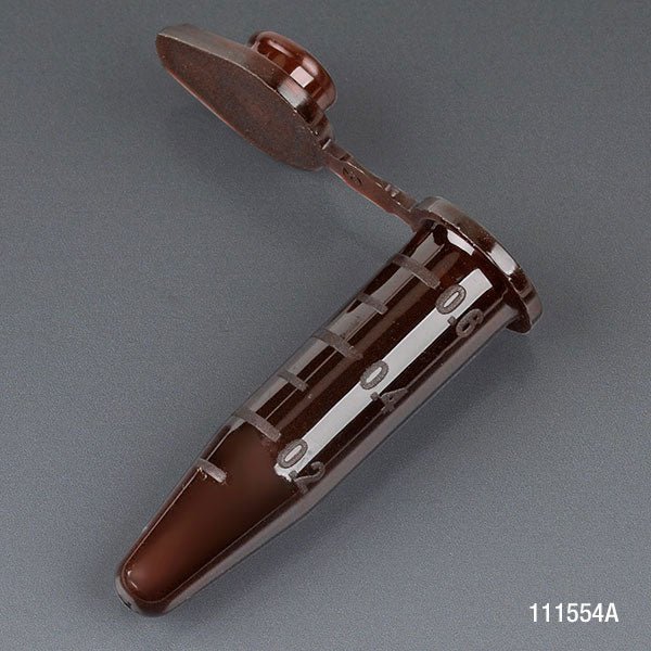 Microcentrifuge Tube, 0.5mL, PP, Attached Snap Cap, Graduated, AMBER, Certified: Rnase, Dnase and Pryogen Free, 500/Stand Up Zipper Closure Bag