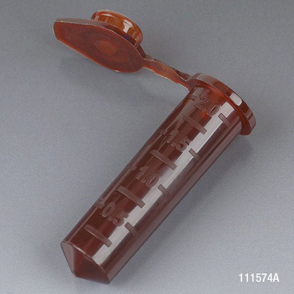 Microcentrifuge Tube, 2.0mL, PP, Attached Snap Cap, Graduated, AMBER, Certified: Rnase, Dnase and Pryogen Free, 500/Stand Up Zipper Closure Bag