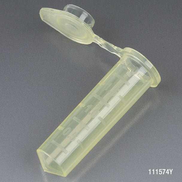 Microcentrifuge Tube, 2.0mL, PP, Attached Snap Cap, Graduated, YELLOW, Certified: Rnase, Dnase and Pryogen Free, 500/Stand Up Zipper Closure Bag