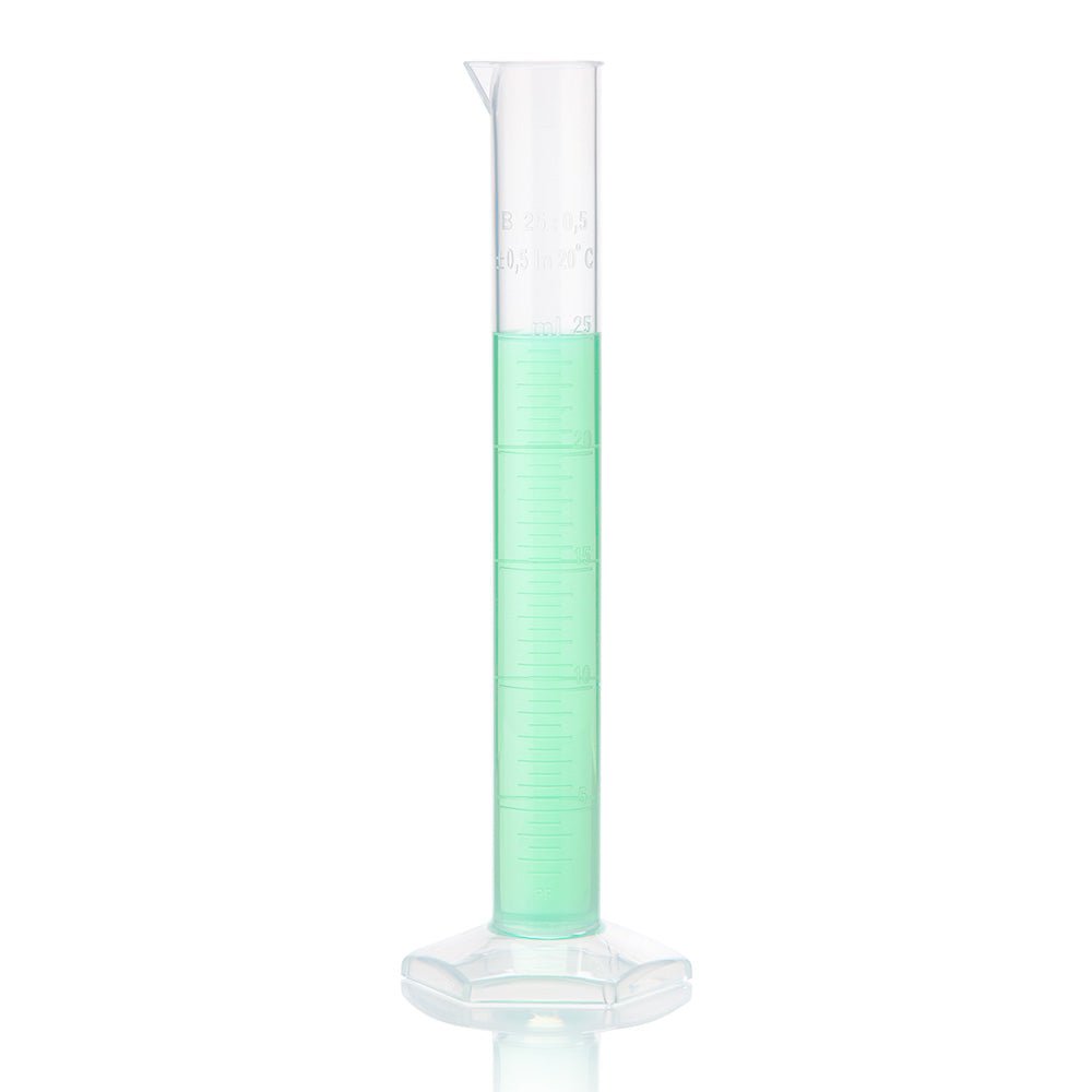25mL Cylinder, Measuring, Diamond Essentials, Class B, PP, Molded Graduations, tall form