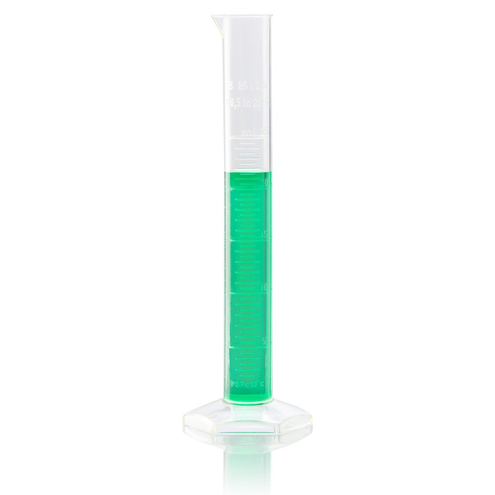 25mL Cylinder, Measuring, Diamond Essentials, Class B, PMP, Molded Graduations, tall form