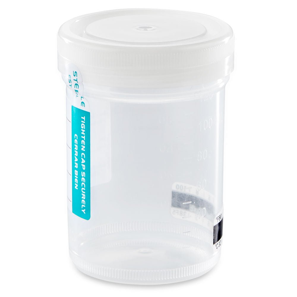 Container: Tite-Rite, 120mL (4oz), PP, STERILE, Attached White Screw Cap, ID Label with Tab Seal, Graduated, Attached Temperature Strip