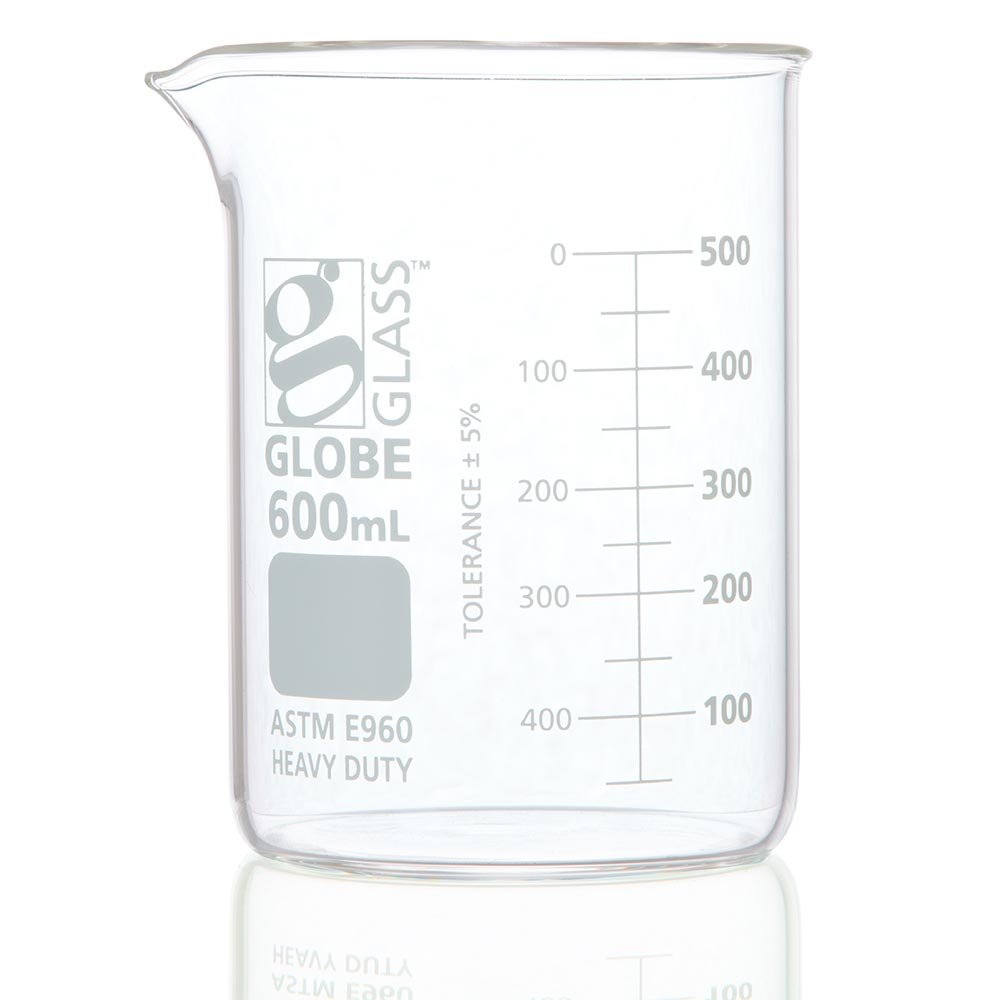 600mL Beaker, Globe Glass, Low Form Griffin Style, Heavy Duty, Dual Graduations, 6/Pack