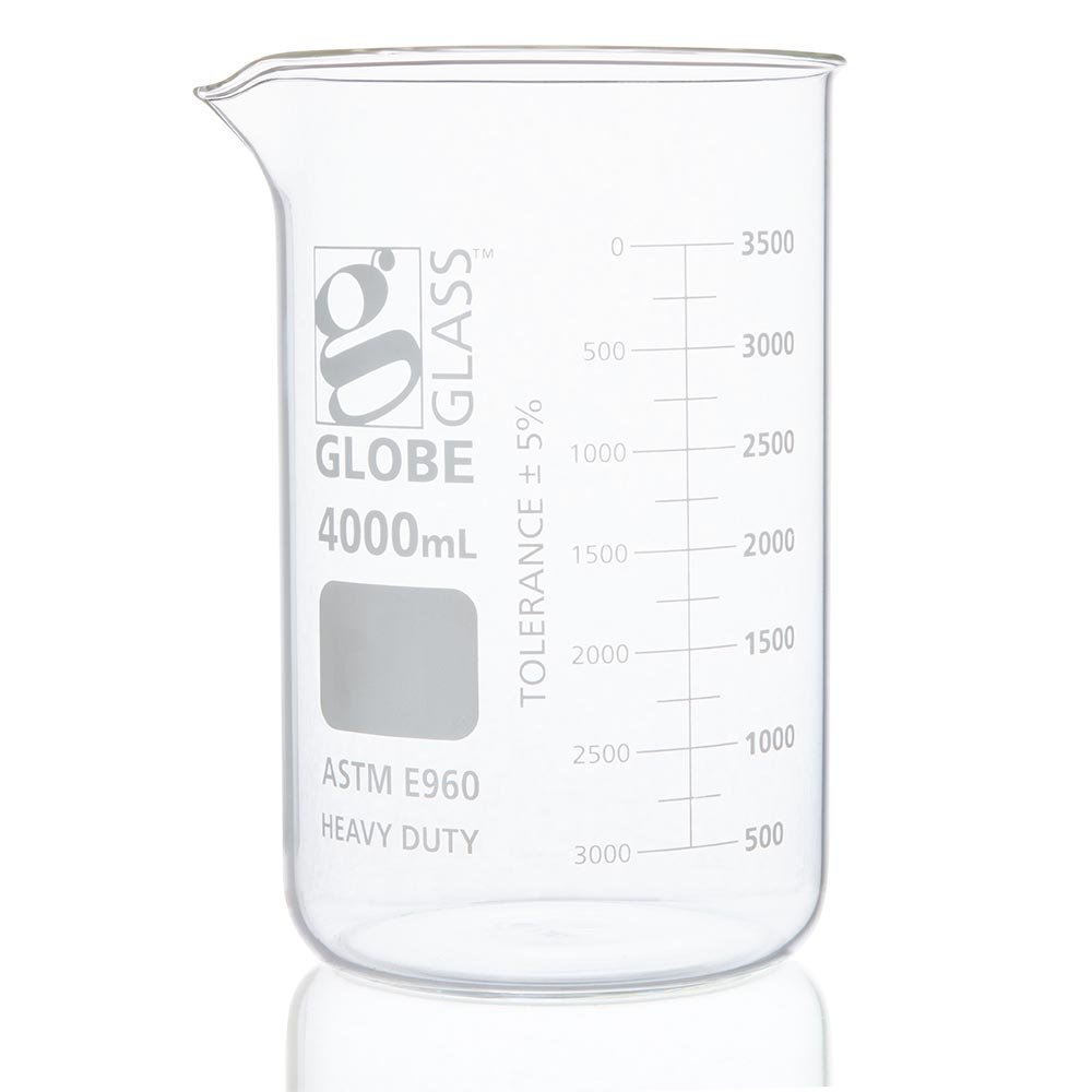 4000mL Beaker, Globe Glass, Low Form Griffin Style, Heavy Duty, Dual Graduations, 1/Pack