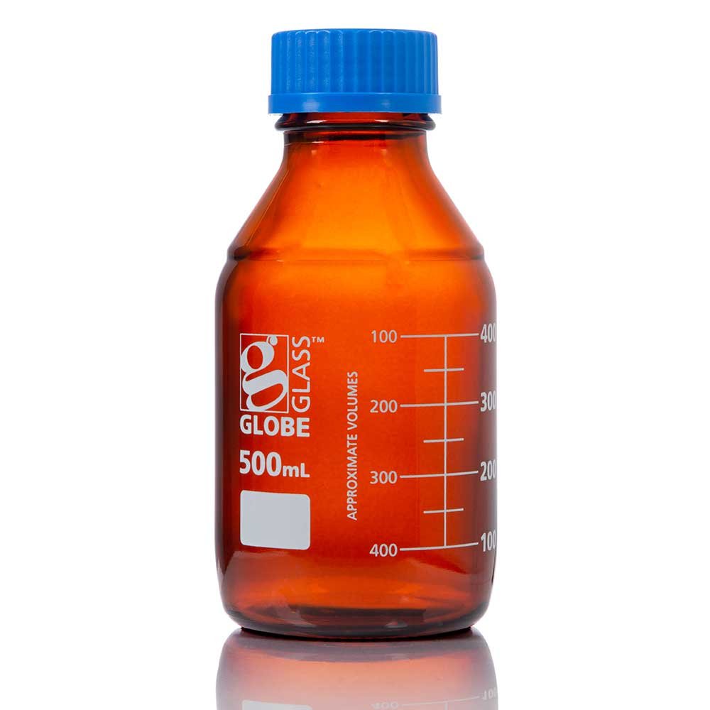 500mL Amber Media Bottle, Globe Glass, GL45 Screw Cap, Dual Graduations, 10/Pack