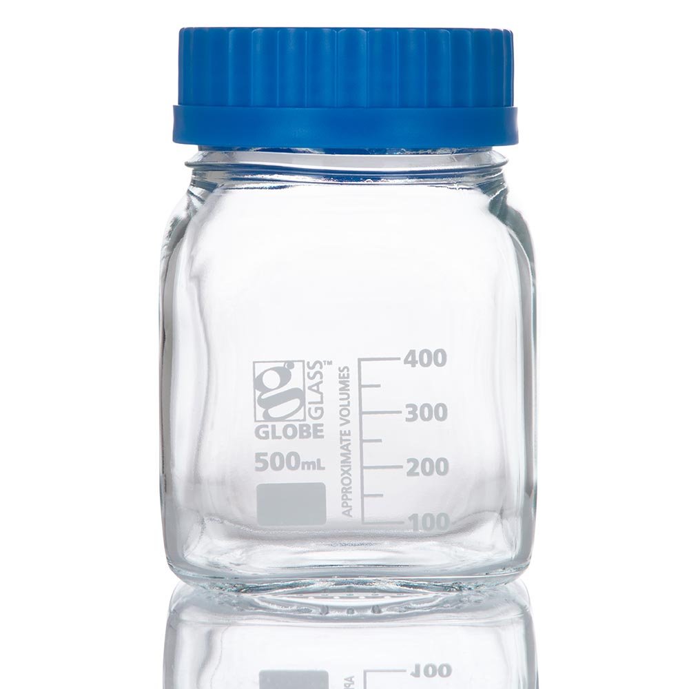 500mL Square Media Bottle, Wide Mouth, Globe Glass, GL80 Screw Cap, Dual Graduations, 10/Pack