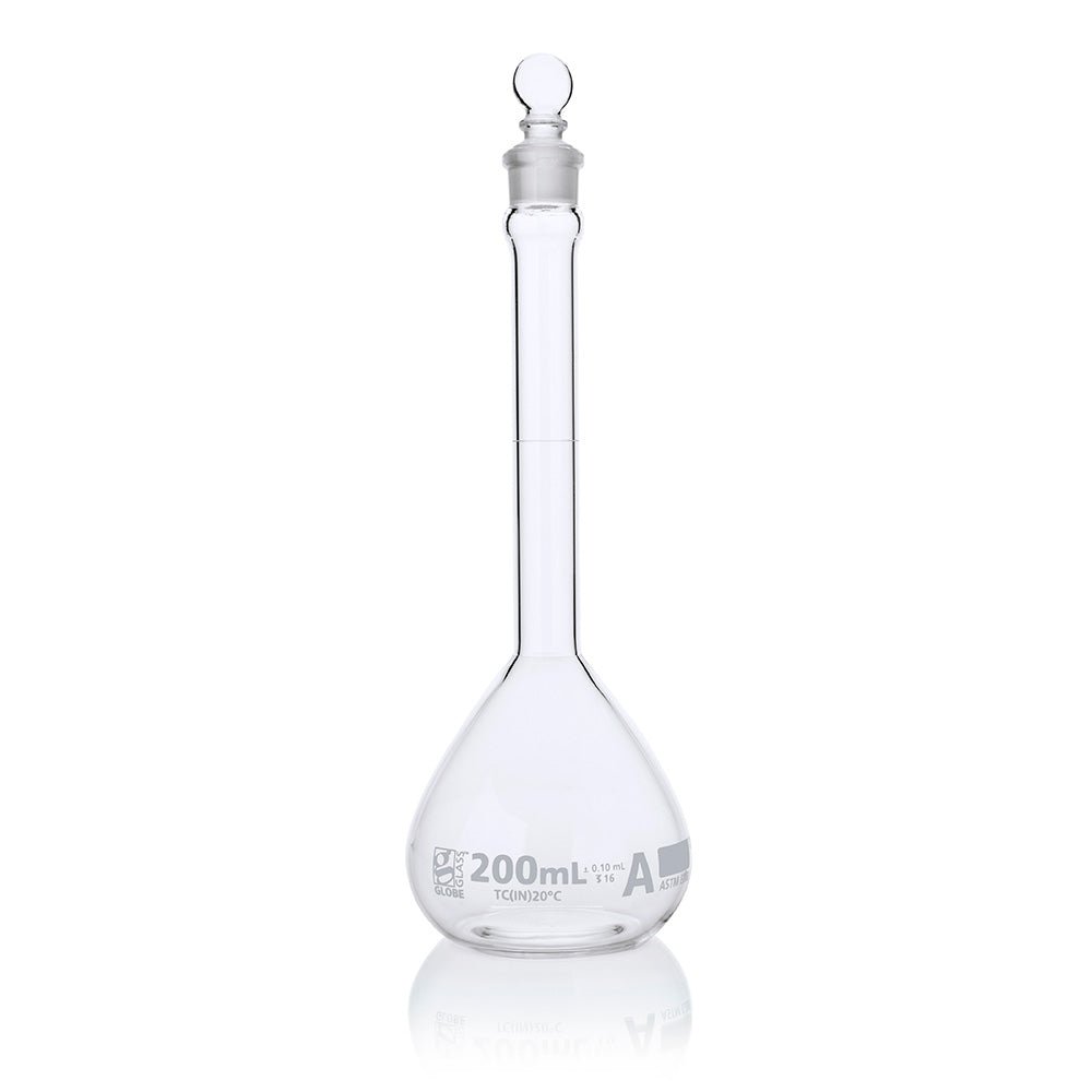 200mL Volumetric Flask, Globe Glass, Class A, 6/Box, 12/Case