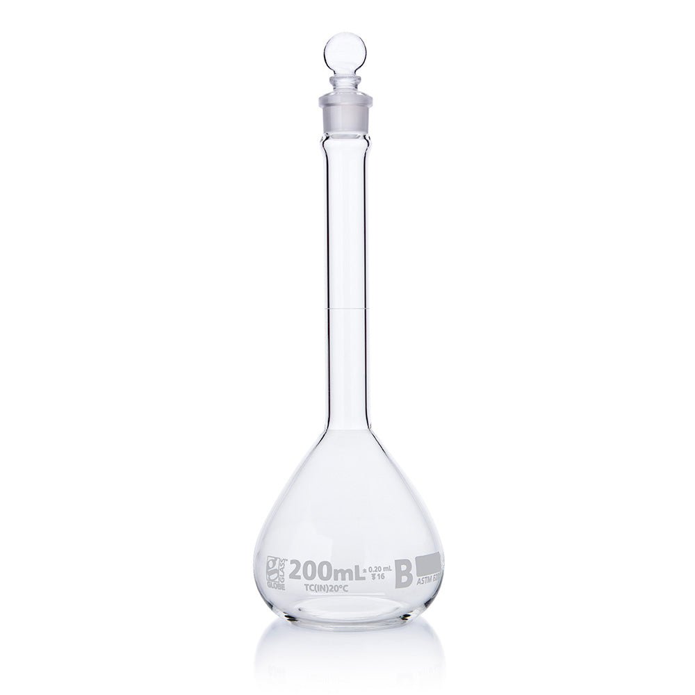 200mL Volumetric Flask, Globe Glass, Class B, 6/Box, 12/Case