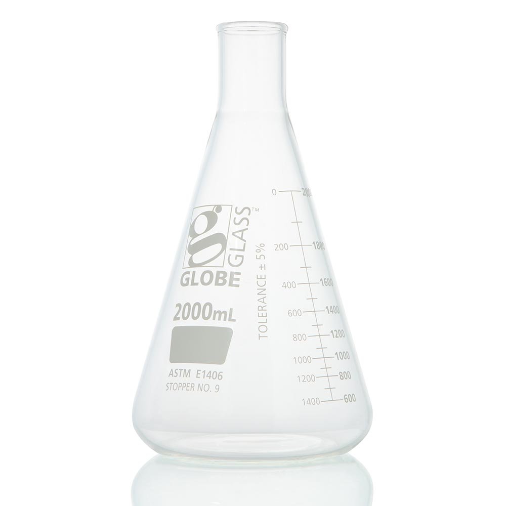 2000mL Erlenmeyer Flask, Globe Glass, Heavy Duty, Narrow Mouth, Dual Graduations