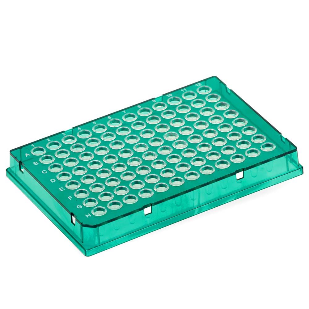 Special Order – Diamond Shell 0.1mL 96 well PCR Plate, Full skirt, Green PC frame and Clear PP wells