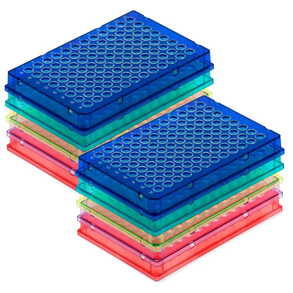 Special Order – Diamond Shell 0.1mL 96 well PCR Plate, Full skirt, Assorted colors PC frame (Bl, Gn, Rd, Yw, Vt) and Clear PP wells