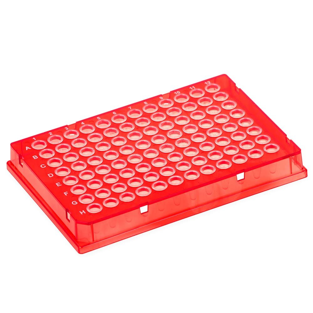 Special Order – Diamond Shell 0.1mL 96 well PCR Plate, Full skirt, Red PC frame and Clear PP wells