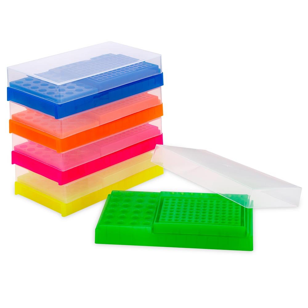 PCR Work Racks, with Lids, holds 32 x 0.2mL PCR Tubes, 16 x 0.5mL PCR Tubes, 24 x 1.5/2.0mL Microcentrifuge Tubes, Five (5) Racks per Pack